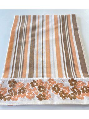 Vintage 70s flat sheet, 2 tones brown stripes and flowers, twin to full size bed